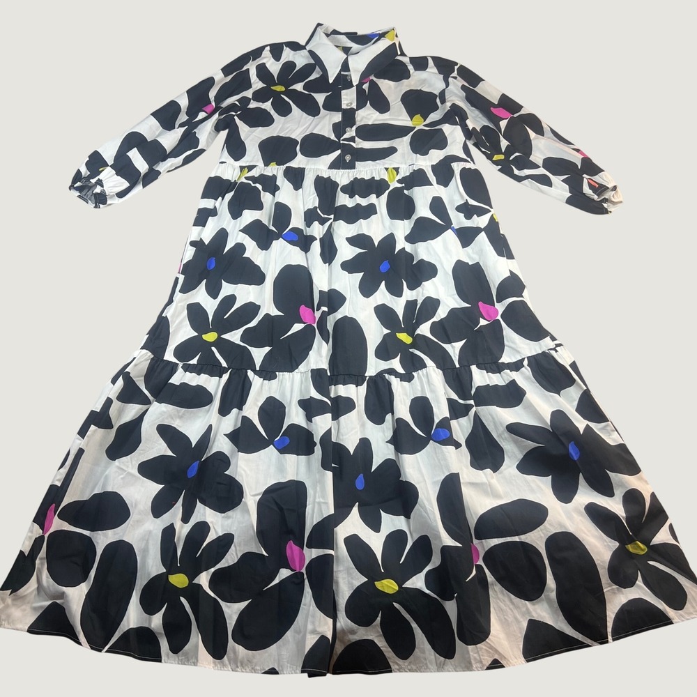 Maeve Anthropologie Women's Medium Maxi Dress Black White Floral Tiered Cotton - Picture 2 of 8
